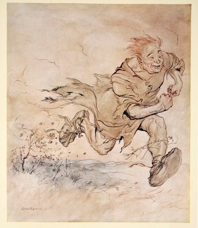 The thumping of his big boots grew as continuous as the pattering of hail-stones on the roof, and the wind of his passage blew trees down, illustration from 